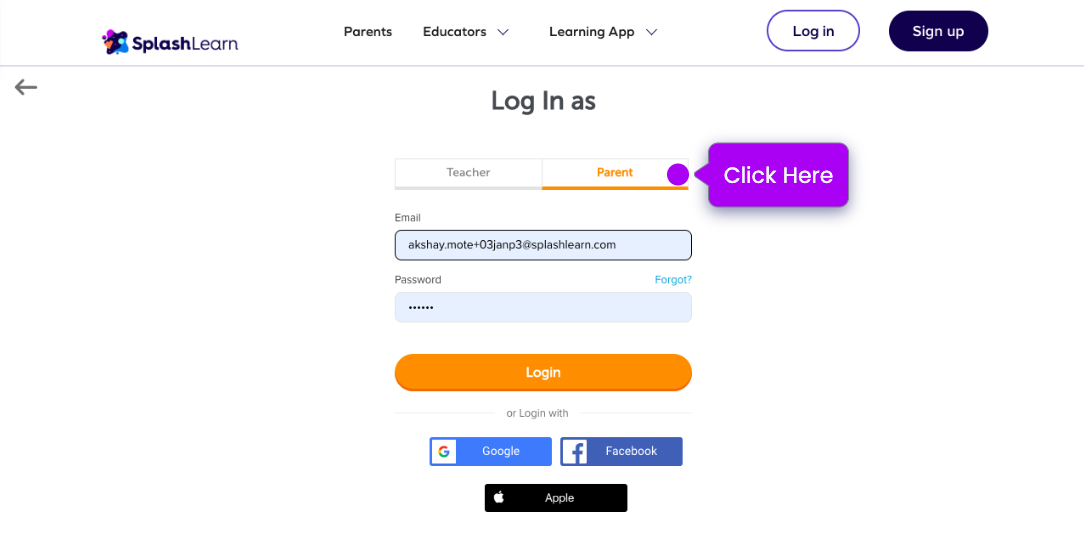 How can parents sign in to SplashLearn account? SplashLearn